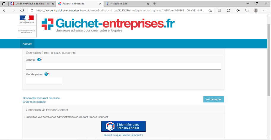 Capture d'écran Guichet-entreprises.fr